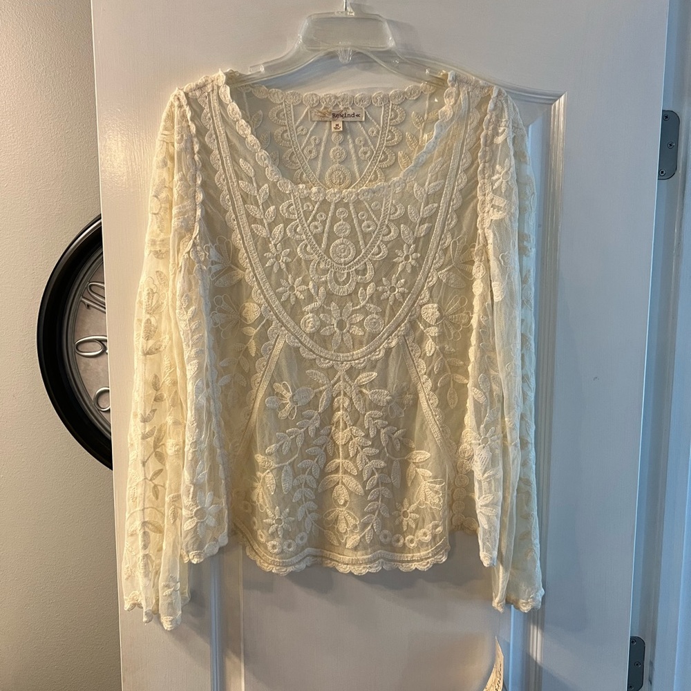 NWT Rewind semi sheer embroidered pale cream top size M